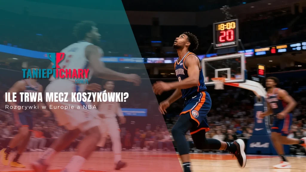 Mecz koszykarski w NBA z zegarem odliczającym czas w tle