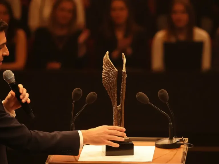 Nagrodzony statuetką skrzydła dziękuje za otrzymaną statuetkę i prezentuje nagrodę na pulpicie