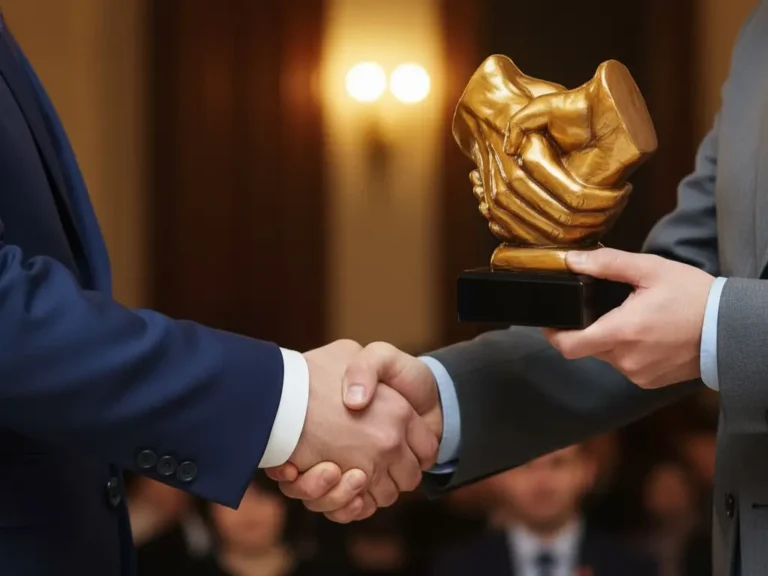 Uścisk dłoni partnerów biznesowy i wręczenie statuetki uścisku dłoni